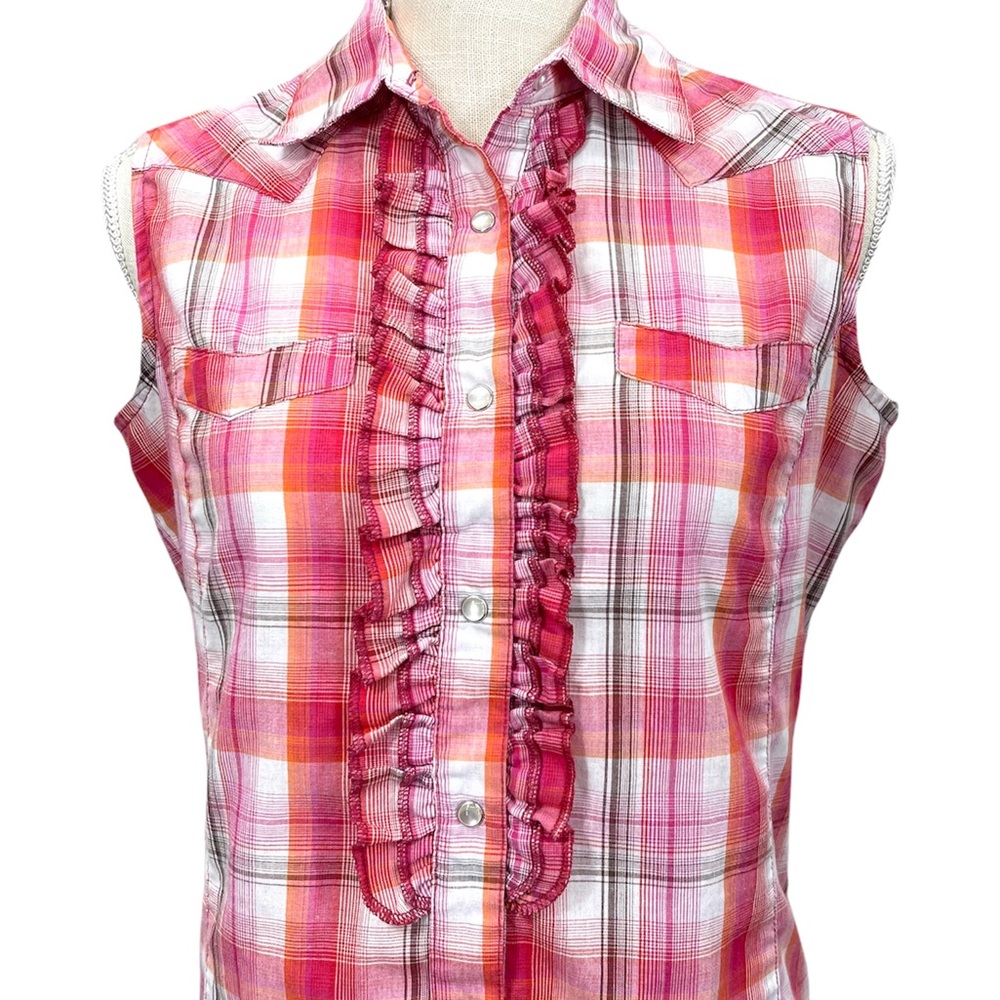 WRANGLER Plaid Women’s Fitted Sleeveless Snap Button Down Shirt Size Small - Picture 3 of 8